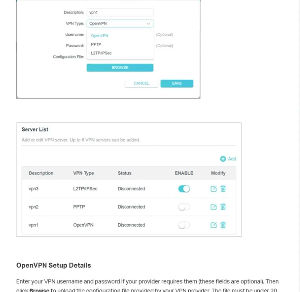 Fenêtre TP-Link pour ajouter un profil OpenVPN avec un fichier de configuration