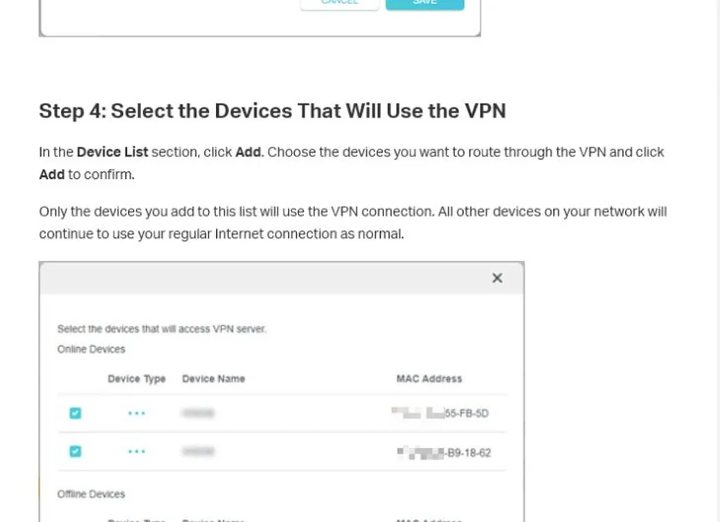 Sélection des appareils qui utilisent le VPN dans une interface TP-Link