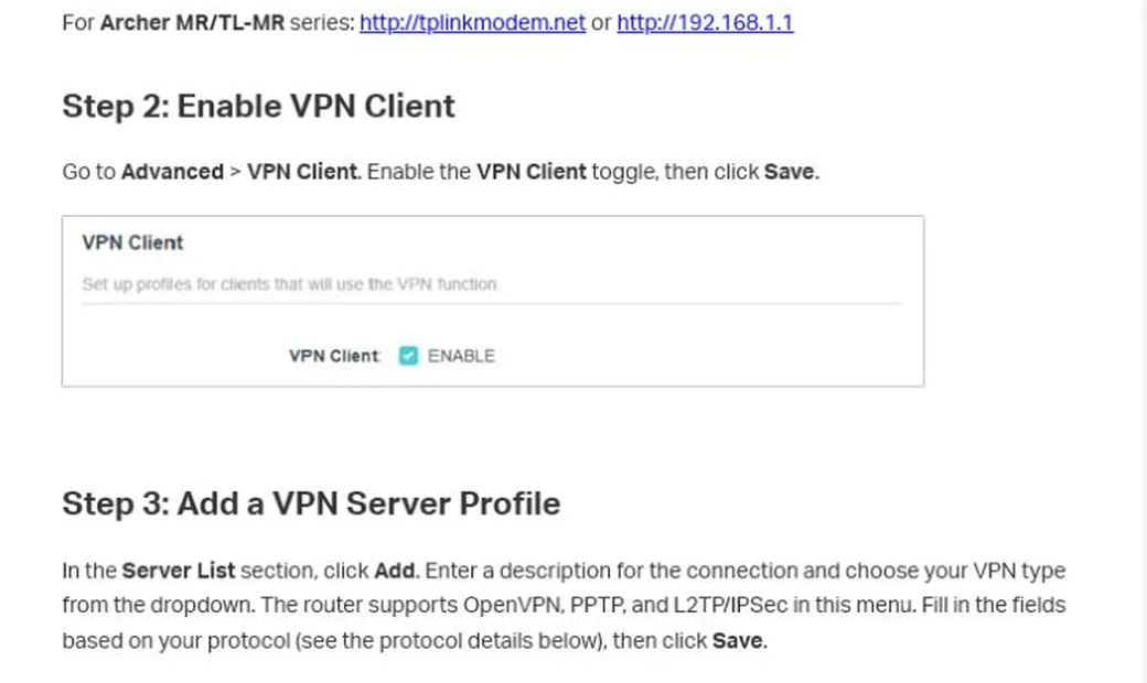 Option VPN Client activée dans une interface TP-Link