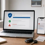 Ordinateur et téléphone affichant une vérification de lien de péage suspect