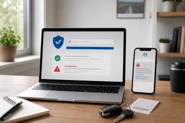 Ordinateur et téléphone affichant une vérification de lien de péage suspect