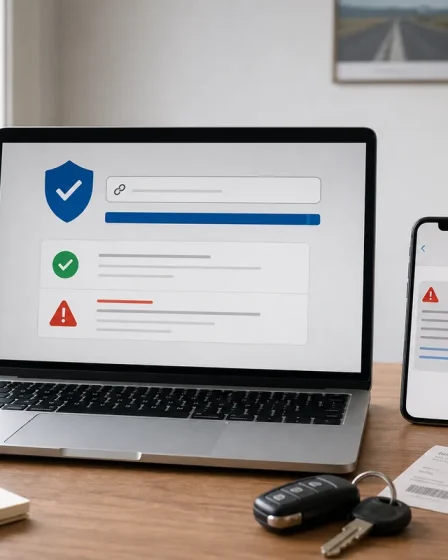 Ordinateur et téléphone affichant une vérification de lien de péage suspect