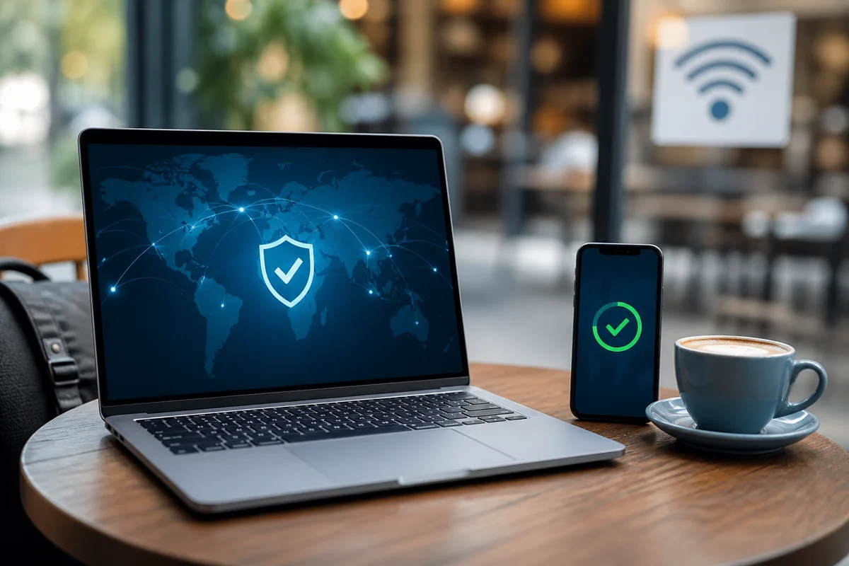 Ordinateur connecté sur WiFi public avec protection VPN automatique