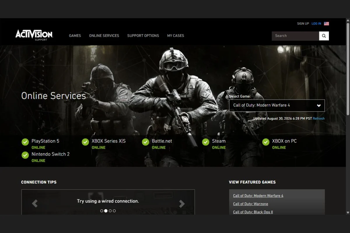 Page Activision des services en ligne avec Modern Warfare 4 s&eacute;lectionn&eacute;