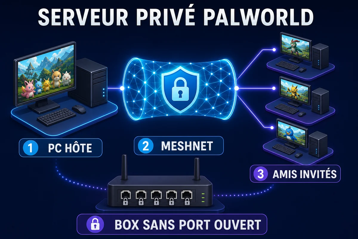 Fonctionnement d&rsquo;un serveur priv&eacute; Palworld reli&eacute; par NordVPN Meshnet
