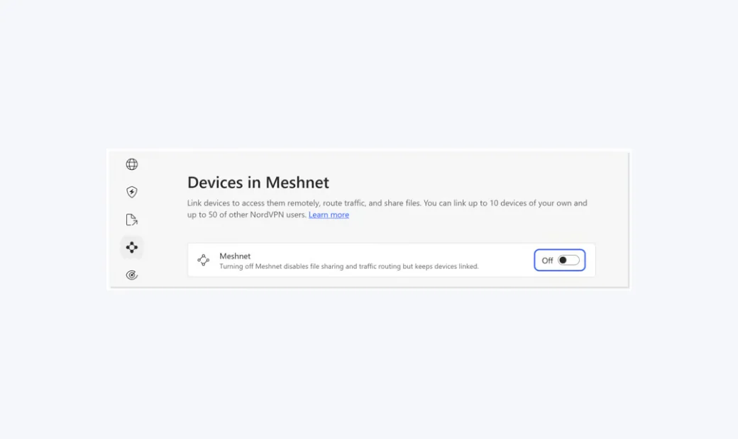 Interrupteur Meshnet activ&eacute; dans l&rsquo;application NordVPN Windows