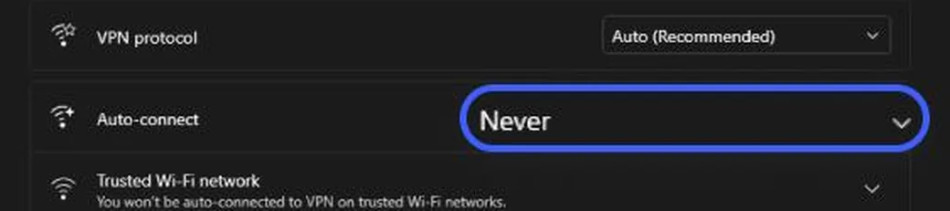 Ligne Auto connect NordVPN r&eacute;gl&eacute;e sur Never