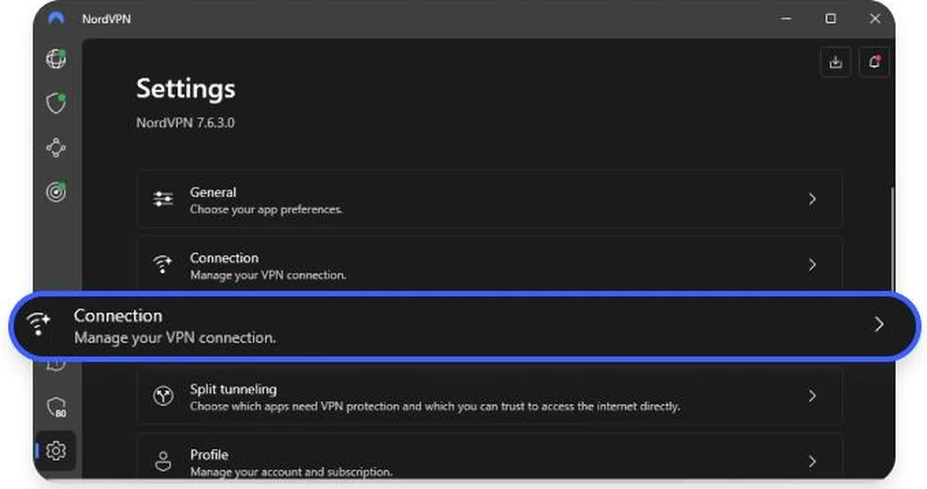 Menu Connection dans les param&egrave;tres NordVPN Windows