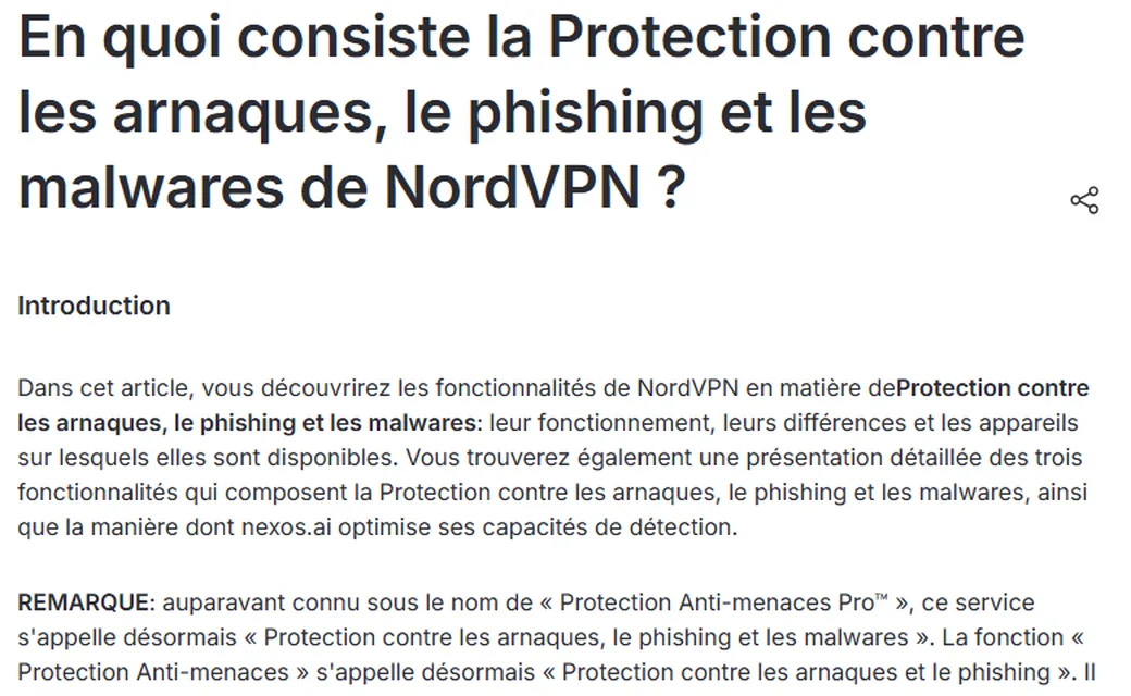 Page support NordVPN sur le nouveau nom de la protection anti menaces