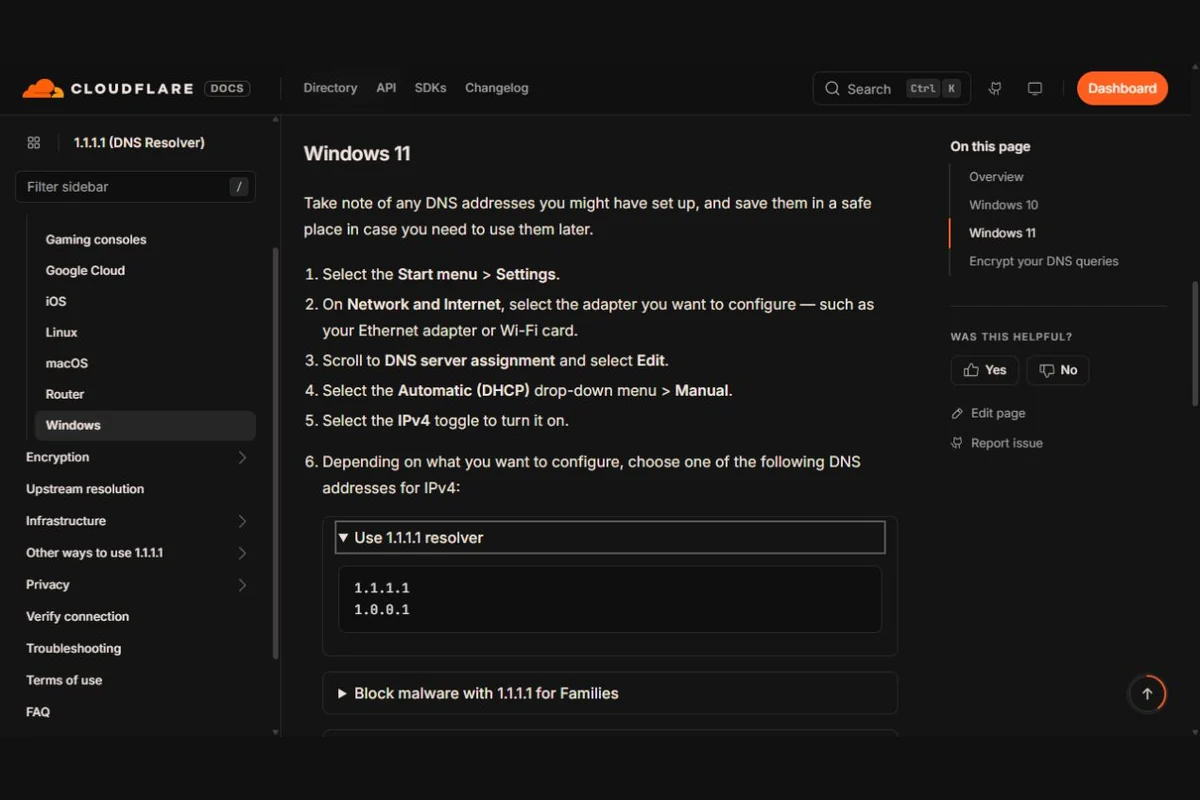 Documentation Cloudflare pour configurer le DNS 1.1.1.1 sous Windows 11