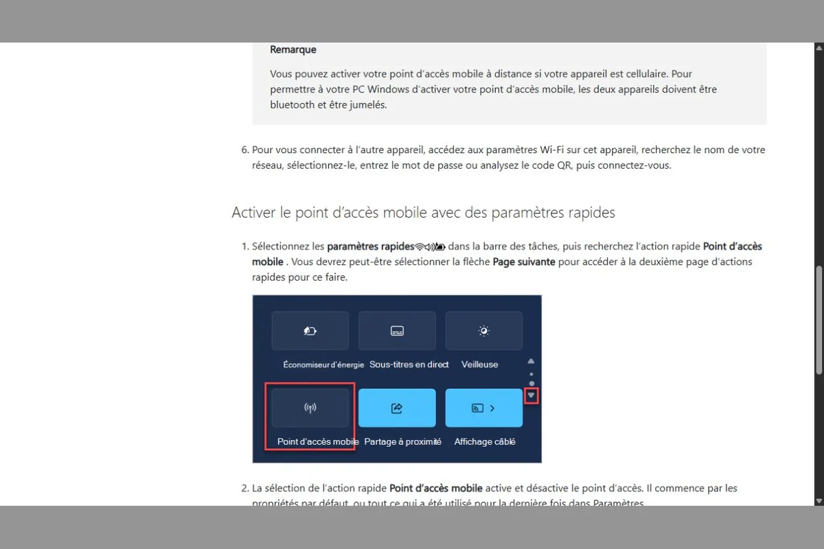 Aide Microsoft pour activer le point d&rsquo;acc&egrave;s mobile de Windows 11
