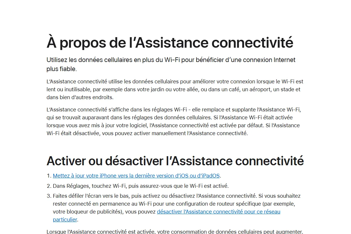 &Eacute;tapes Apple pour d&eacute;sactiver Assistance connectivit&eacute; dans les r&eacute;glages Wi-Fi