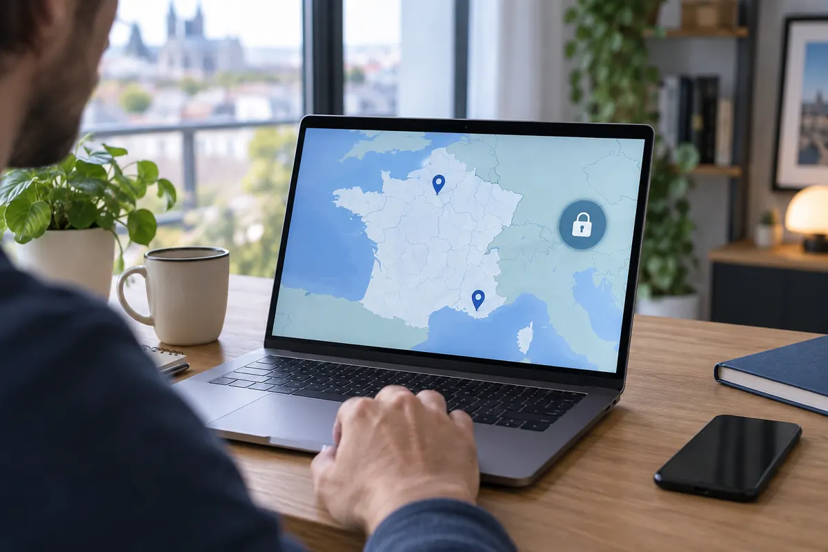 Ordinateur montrant le choix d'une adresse IP dédiée à Paris ou Marseille