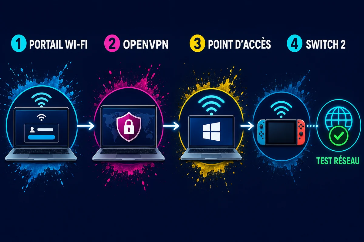 Trajet du Wi-Fi public vers la Nintendo Switch 2 avec NordVPN et Windows