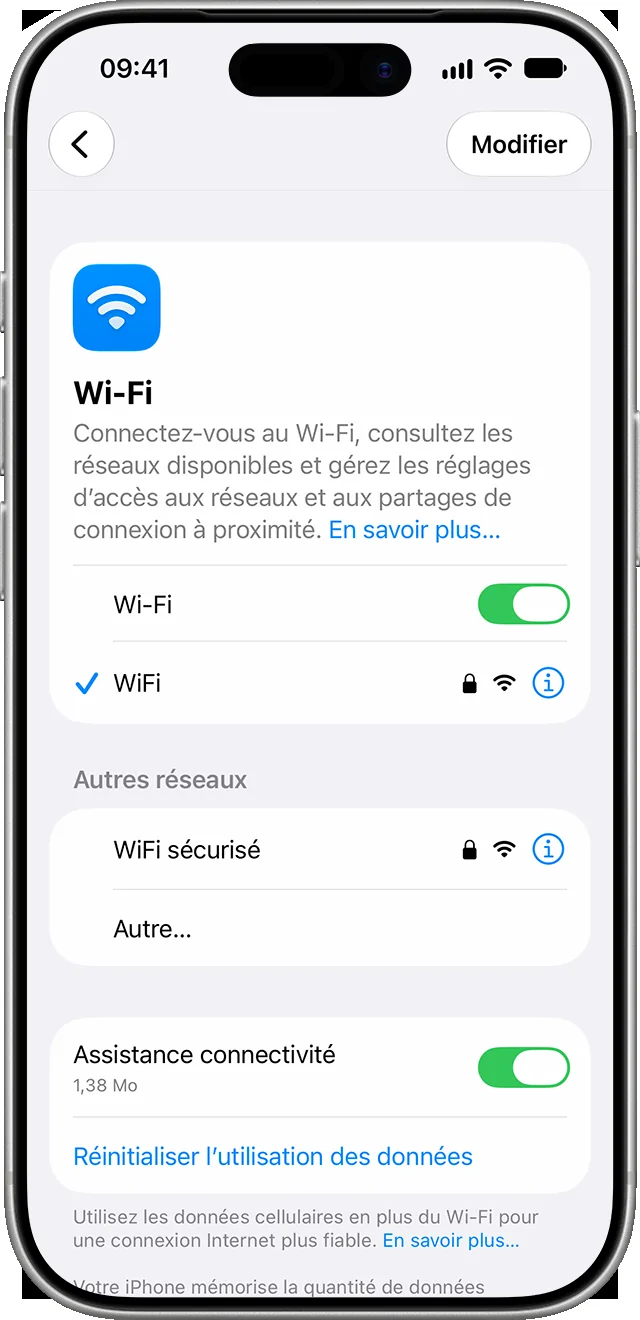 &Eacute;cran Wi-Fi officiel d&rsquo;iOS 27 avec le r&eacute;seau connect&eacute; et le bouton d&rsquo;informations
