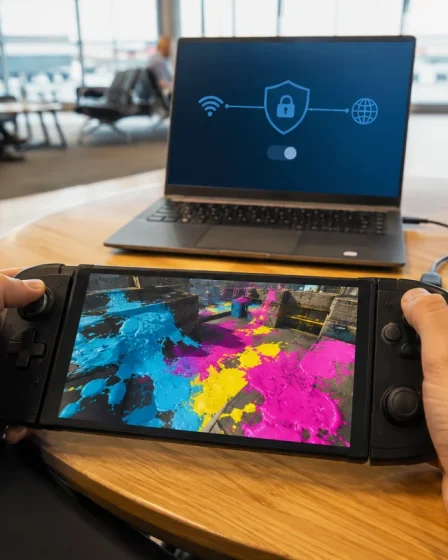 Nintendo Switch 2 reliée à NordVPN par un PC sur un Wi-Fi public