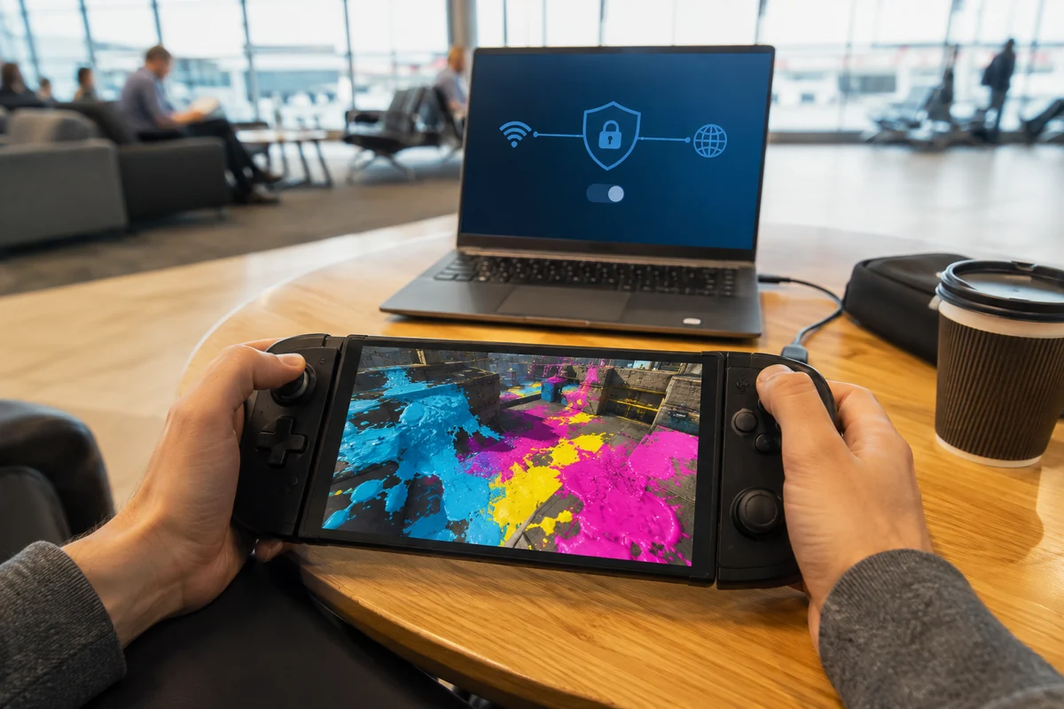 Nintendo Switch 2 reliée à NordVPN par un PC sur un Wi-Fi public