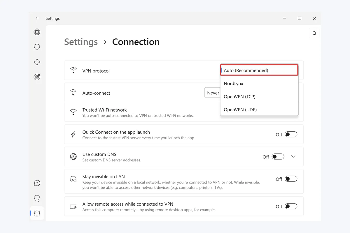 Param&egrave;tre de protocole dans NordVPN sous Windows
