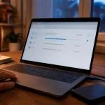 Ordinateur portable affichant des transferts en pause sur un bureau