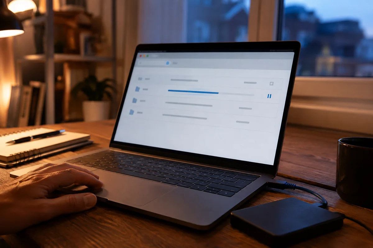 Ordinateur portable affichant des transferts en pause sur un bureau