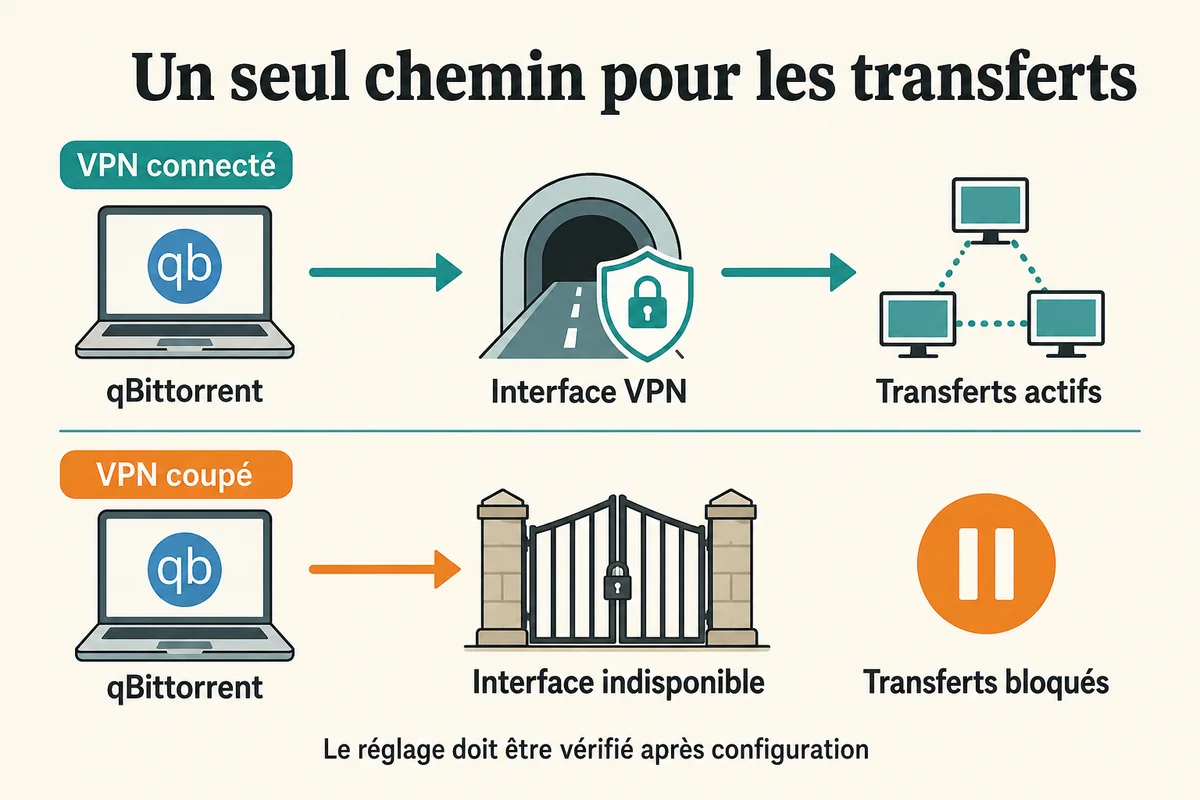 Liaison de qBittorrent à une interface VPN et arrêt attendu des transferts à la coupure