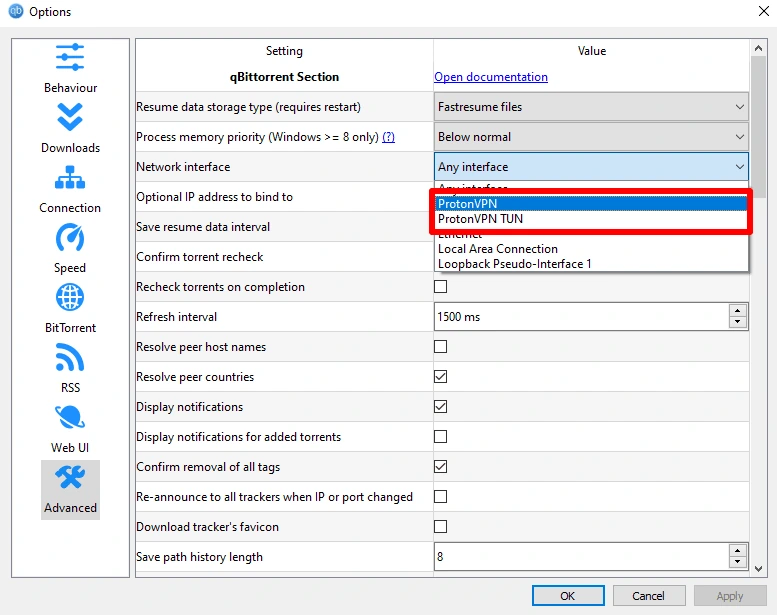 Option Interface réseau de qBittorrent sous Windows avec un adaptateur Proton en exemple
