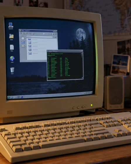 Ordinateur à écran cathodique, clavier beige et souris à boule dans une ambiance rétro des années 90