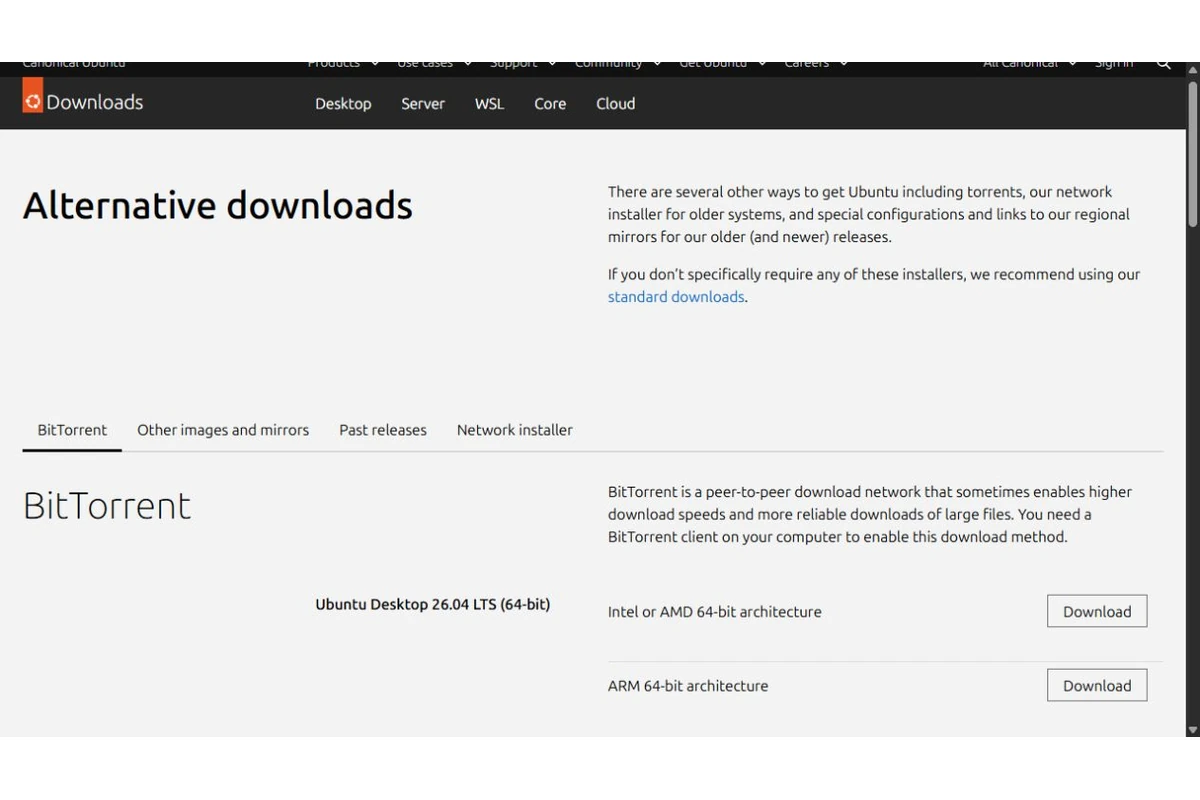 Onglet BitTorrent sur la page officielle des téléchargements Ubuntu