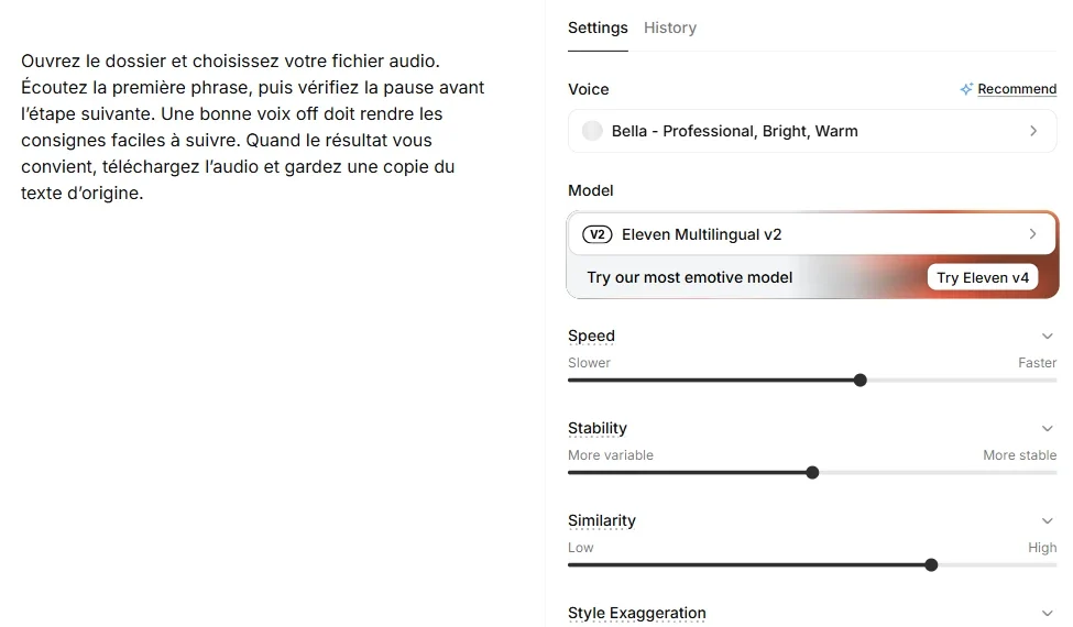 Premier texte fran&ccedil;ais du comparatif avec Bella et Multilingual v2 dans ElevenLabs