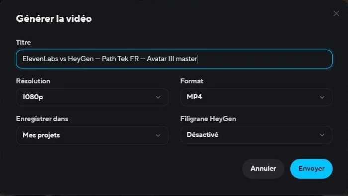 R&eacute;glages du rendu vid&eacute;o HeyGen en 1080p et MP4