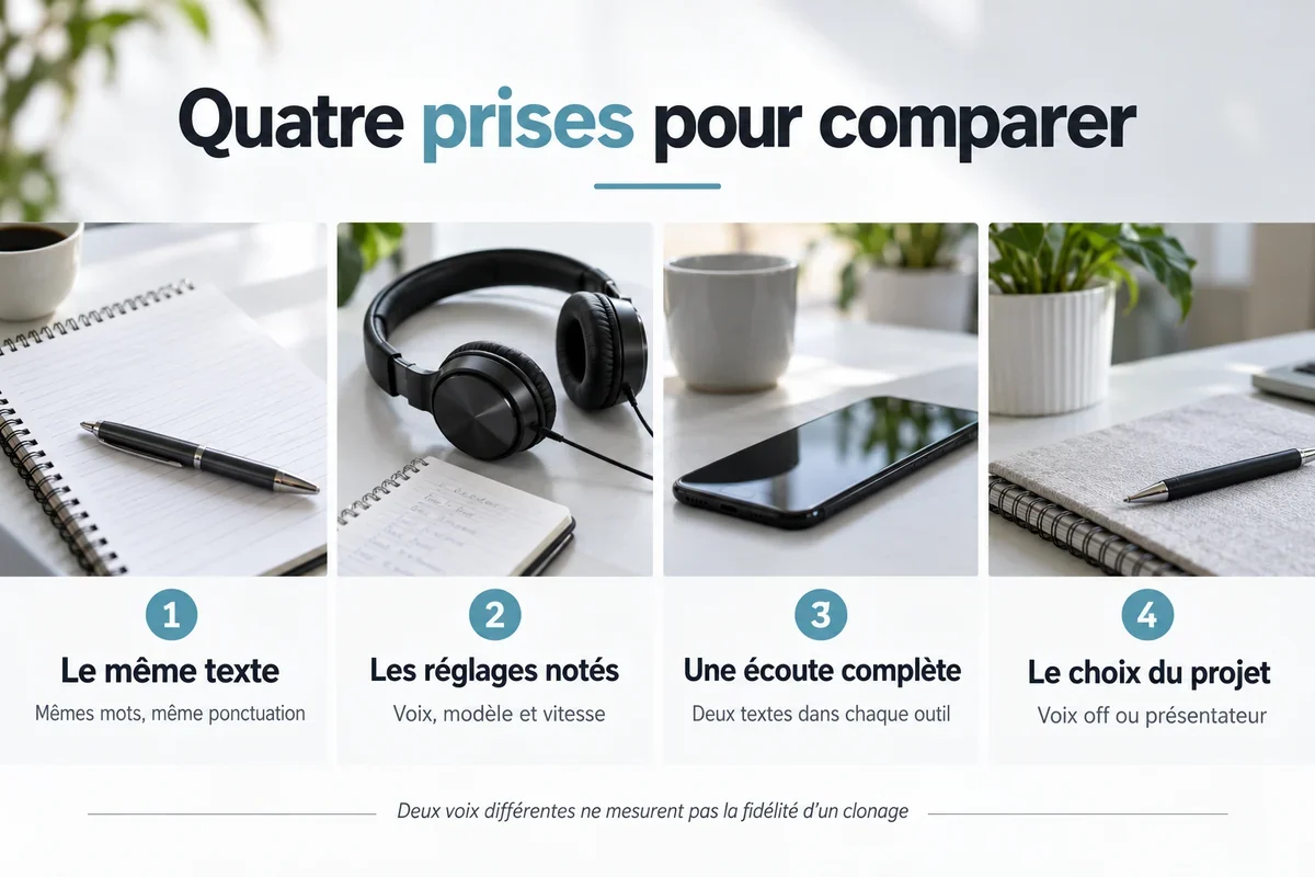 Quatre rep&egrave;res pour comparer les prises, texte identique, r&eacute;glages not&eacute;s, &eacute;coute compl&egrave;te et choix du projet