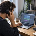 Créateur au casque devant son ordinateur pour comparer deux lectures vocales