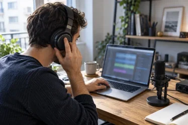 Créateur au casque devant son ordinateur pour comparer deux lectures vocales