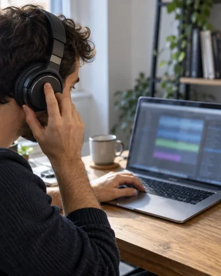 Créateur au casque devant son ordinateur pour comparer deux lectures vocales