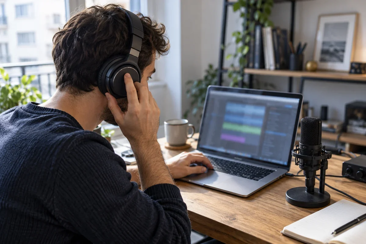 Créateur au casque devant son ordinateur pour comparer deux lectures vocales