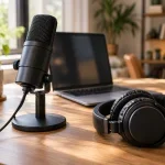 Microphone et casque sur un bureau pour enregistrer puis transformer une voix avec ElevenLabs