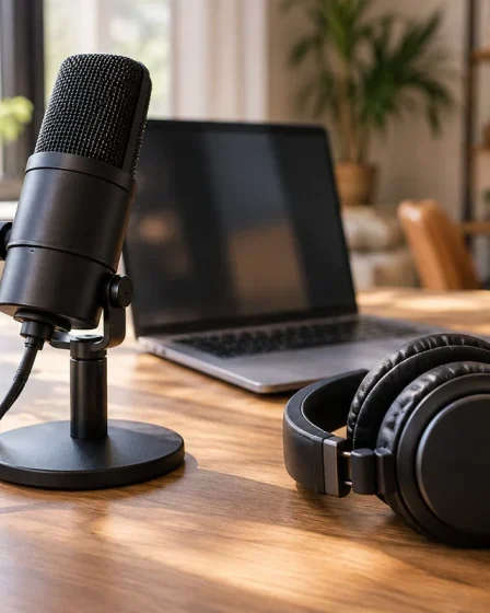 Microphone et casque sur un bureau pour enregistrer puis transformer une voix avec ElevenLabs