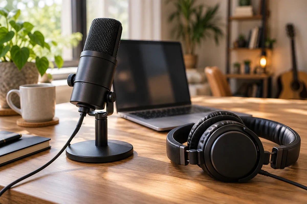 Microphone et casque sur un bureau pour enregistrer puis transformer une voix avec ElevenLabs