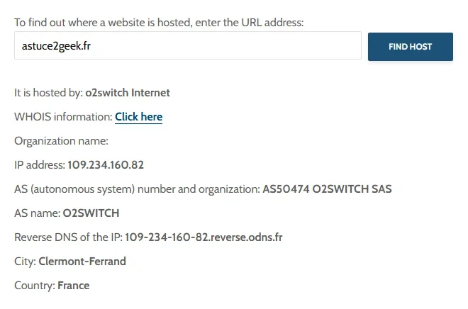 Résultat réel de HostingChecker pour astuce2geek.fr indiquant o2switch et l’adresse IP 109.234.160.82