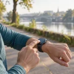 Un coureur utilise sa montre connectée avant une séance au bord d’une rivière