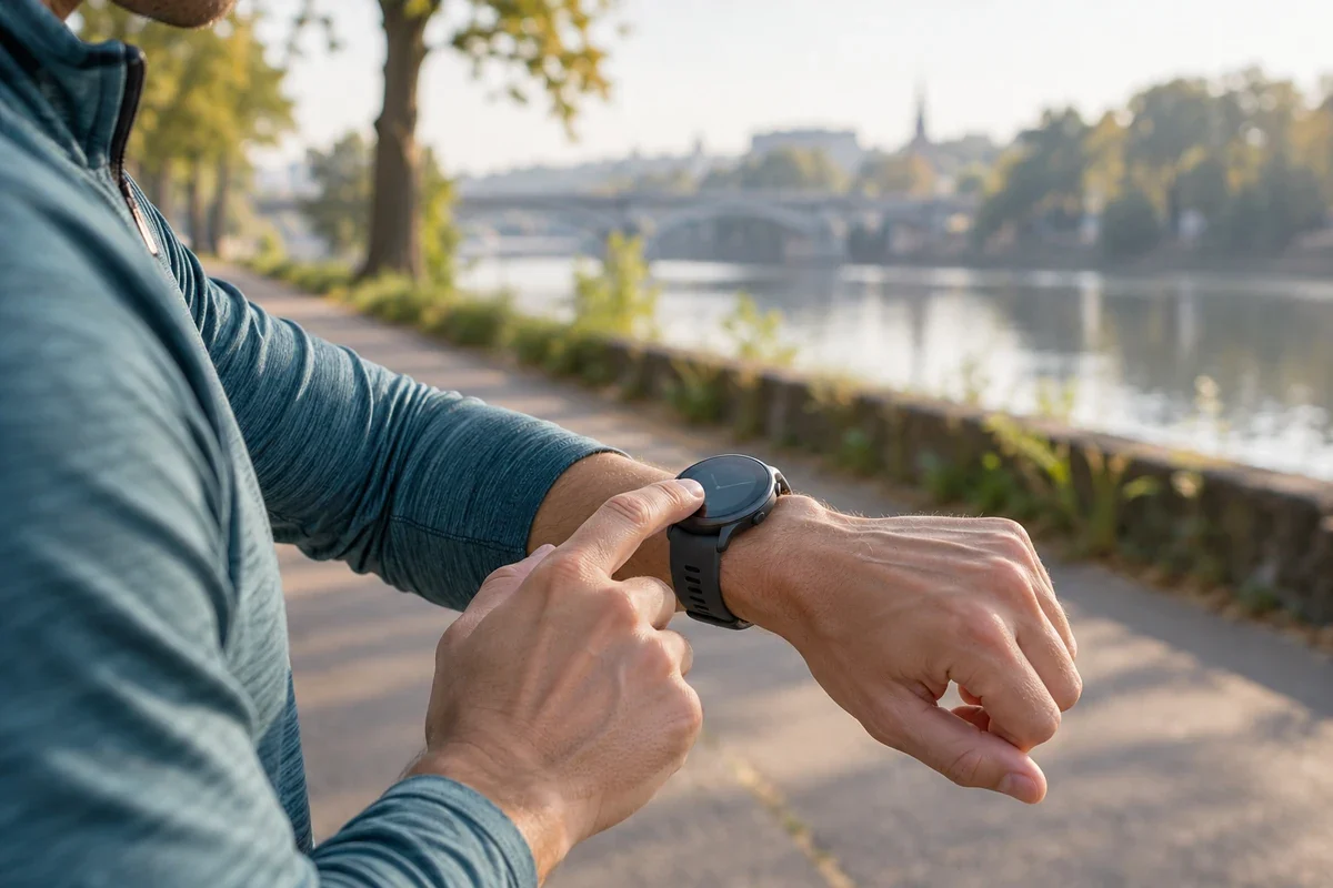Un coureur utilise sa montre connectée avant une séance au bord d’une rivière