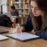 Étudiante qui prend des notes au stylet sur une tablette à la bibliothèque universitaire