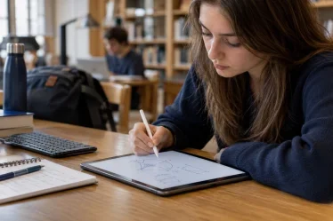 Étudiante qui prend des notes au stylet sur une tablette à la bibliothèque universitaire