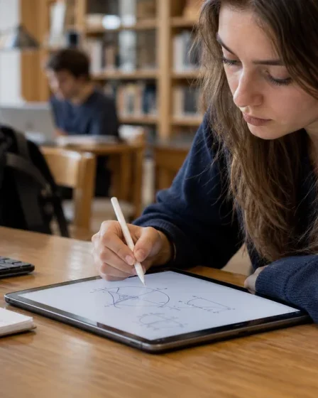 Étudiante qui prend des notes au stylet sur une tablette à la bibliothèque universitaire