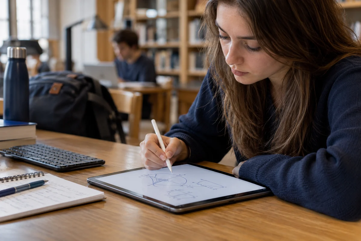 Étudiante qui prend des notes au stylet sur une tablette à la bibliothèque universitaire