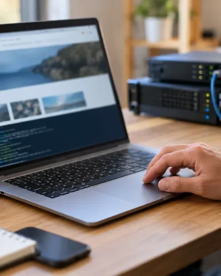 Recherche de l’hébergeur d’un site internet sur un ordinateur portable près de matériel réseau
