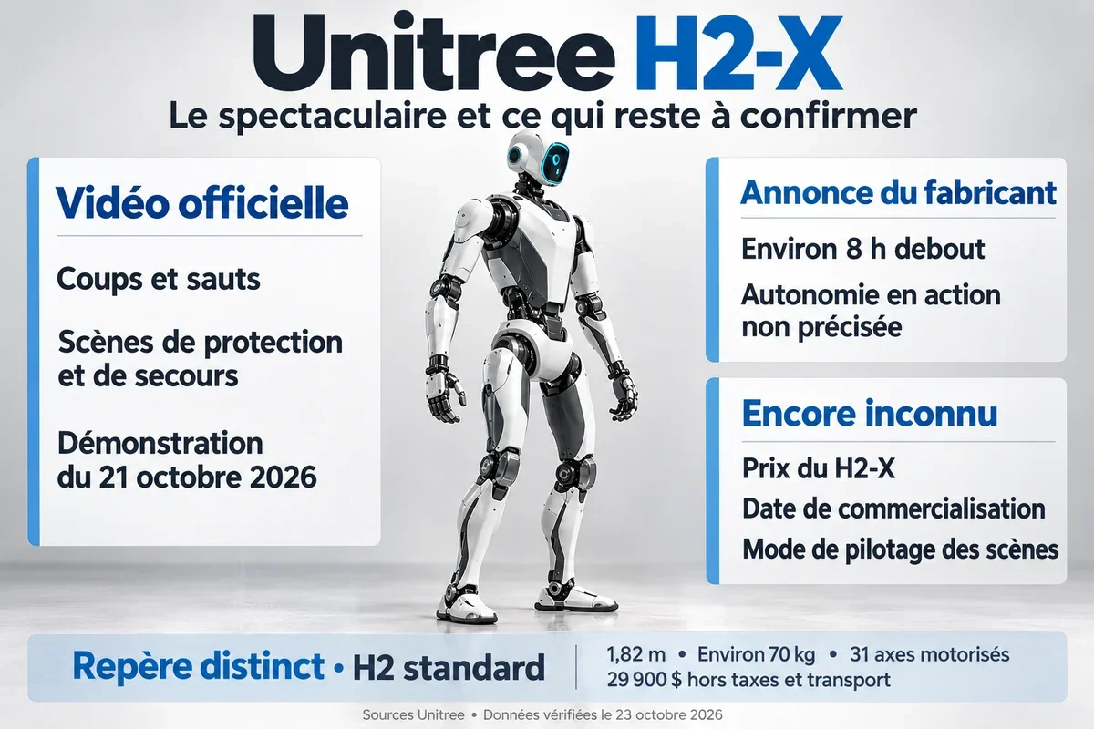 Infographie Unitree H2-X avec les d&eacute;monstrations, les huit heures debout annonc&eacute;es et les informations encore inconnues
