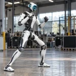 Illustration IA du robot Unitree H2-X blanc et noir en position de garde dans un atelier