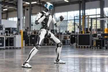 Illustration IA du robot Unitree H2-X blanc et noir en position de garde dans un atelier