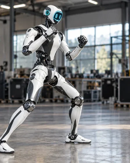 Illustration IA du robot Unitree H2-X blanc et noir en position de garde dans un atelier
